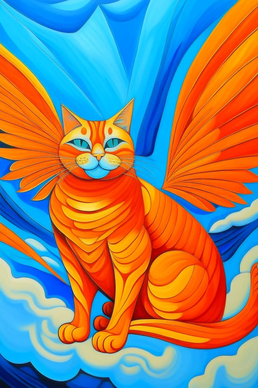 orange cat with stripes in heaven with wings and a cubism