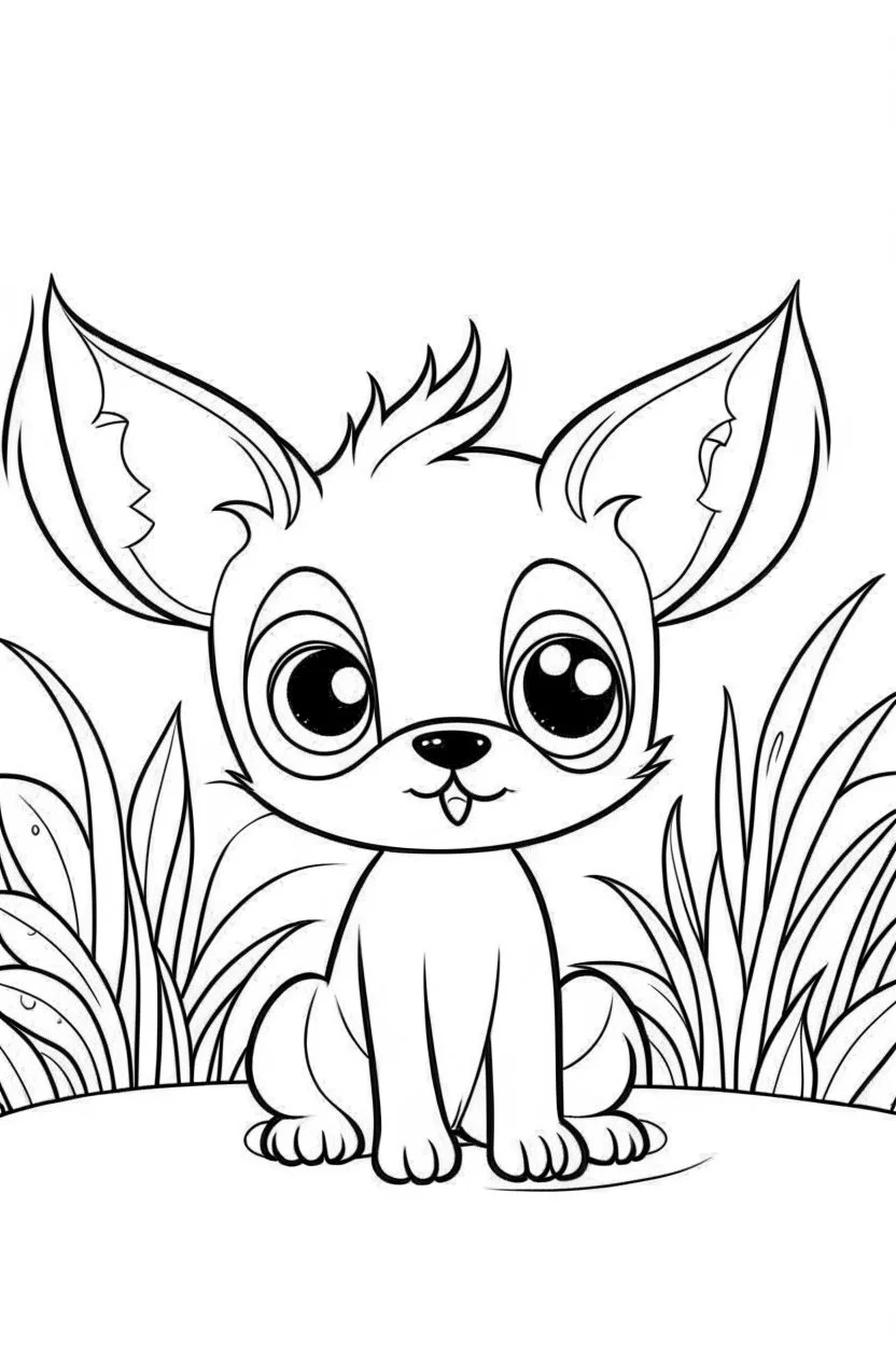 cute coloring page, sketch style, cute baby dog in the jungle, cute cartoon, white and black, withe background, no shadows, outline.