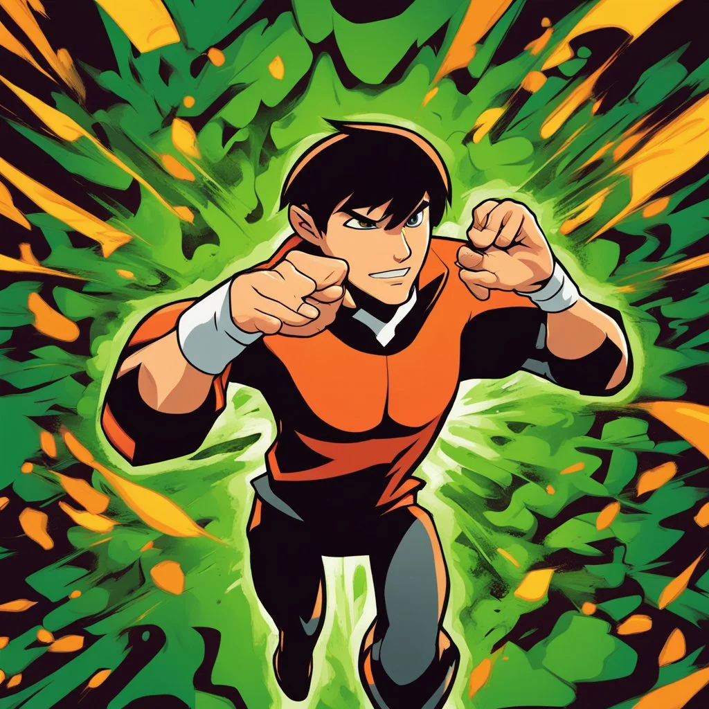 A digitally illustrated image of Ben 10, the famous cartoon character, in an action-packed scene with vibrant colors and dynamic poses to bring out his superpowers and adventurous spirit.energy and beauty of this moment.
