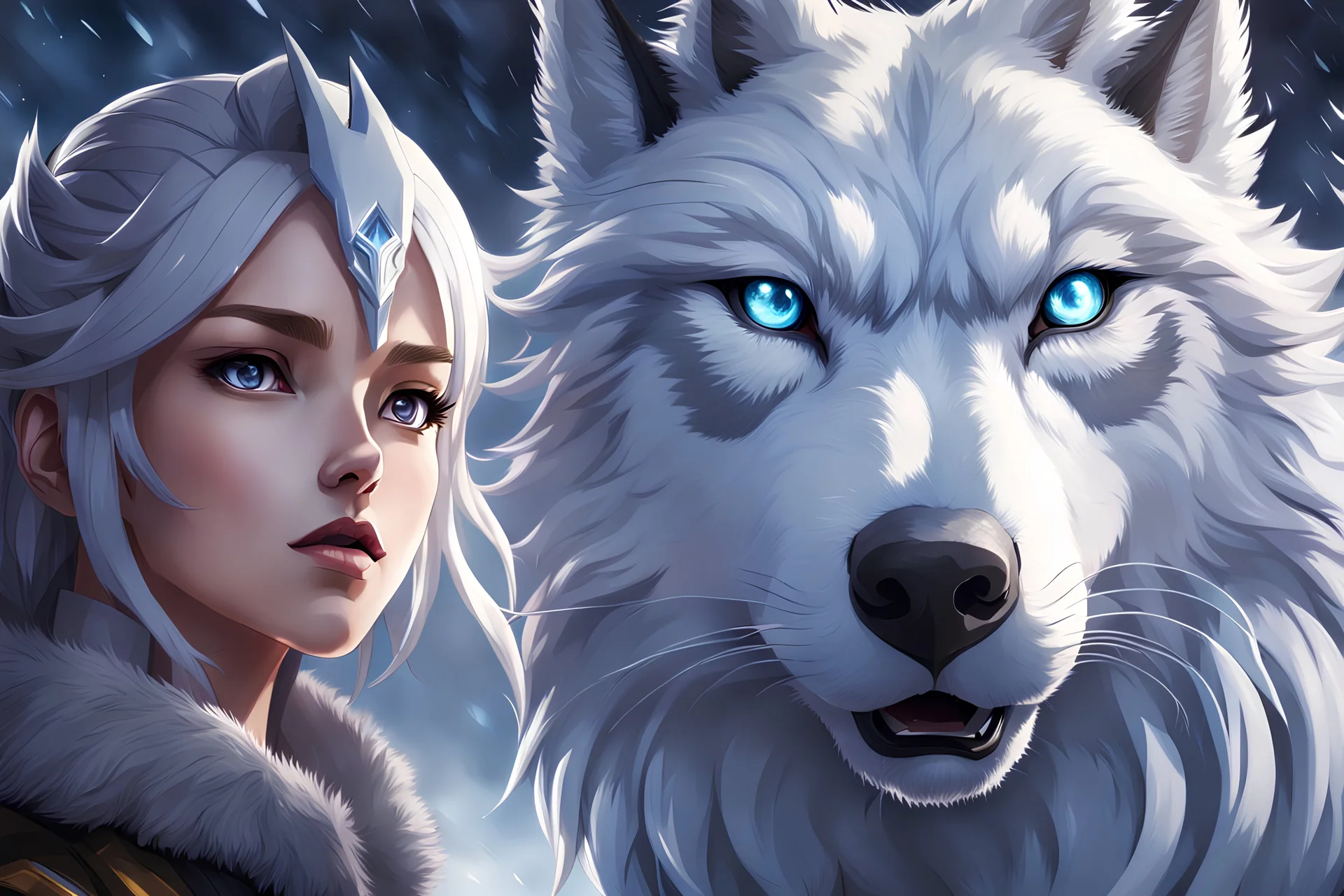 kindred in 8k anime realistic drawing style, thunder, close picture, snow, apocalypse, intricate details, highly detailed, high details, detailed portrait, masterpiece,ultra detailed, ultra quality