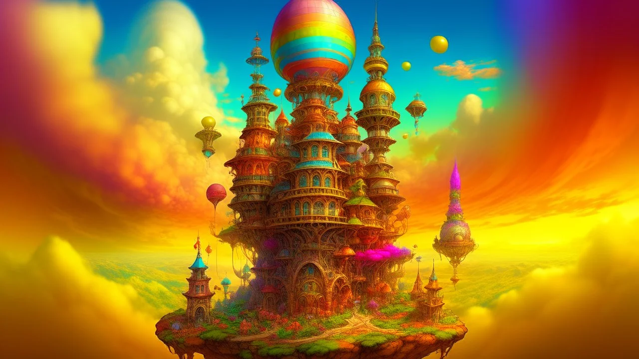 digital painting, A fantastical, surreal landscape with a large, ornate, multi-colored tower structure in the center. The tower has intricate architectural details and patterns, with a spherical dome at the top. The background features floating islands, clouds, and a bright, colorful sky. The overall scene has a dreamlike, imaginative quality, bold and slim lines, brush strokes