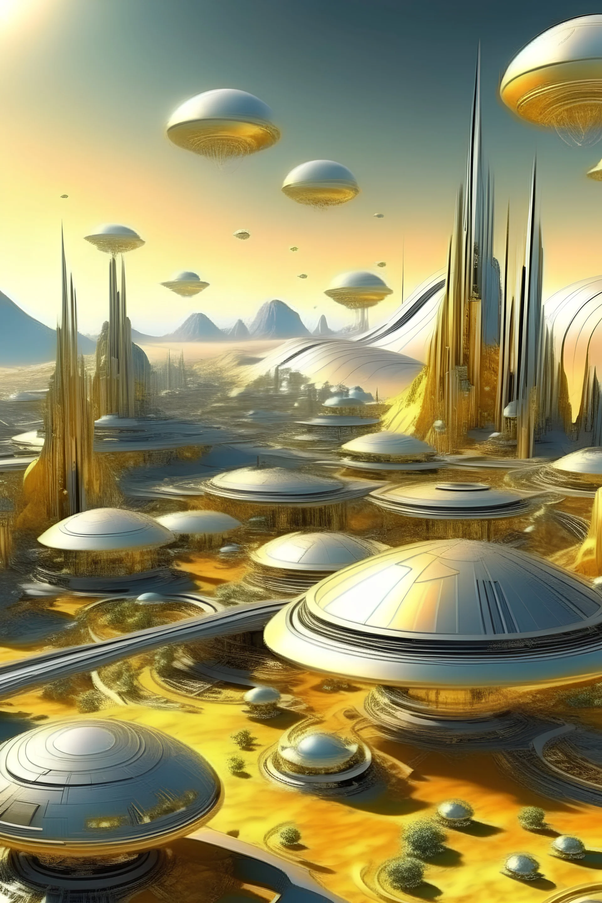 futuristic city gold with jewels in landscape cosmic and ufo metal silver gold mountain