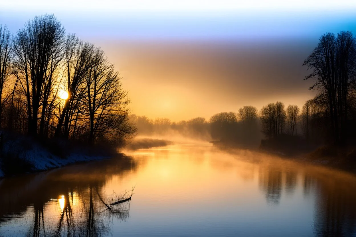 Misty river at dawn with leafless trees silhouetted against a rising sun, soft golden light filtering through branches, perfect mirror reflection on still water, winter atmosphere, cinematic composition, tranquil and mystical mood.