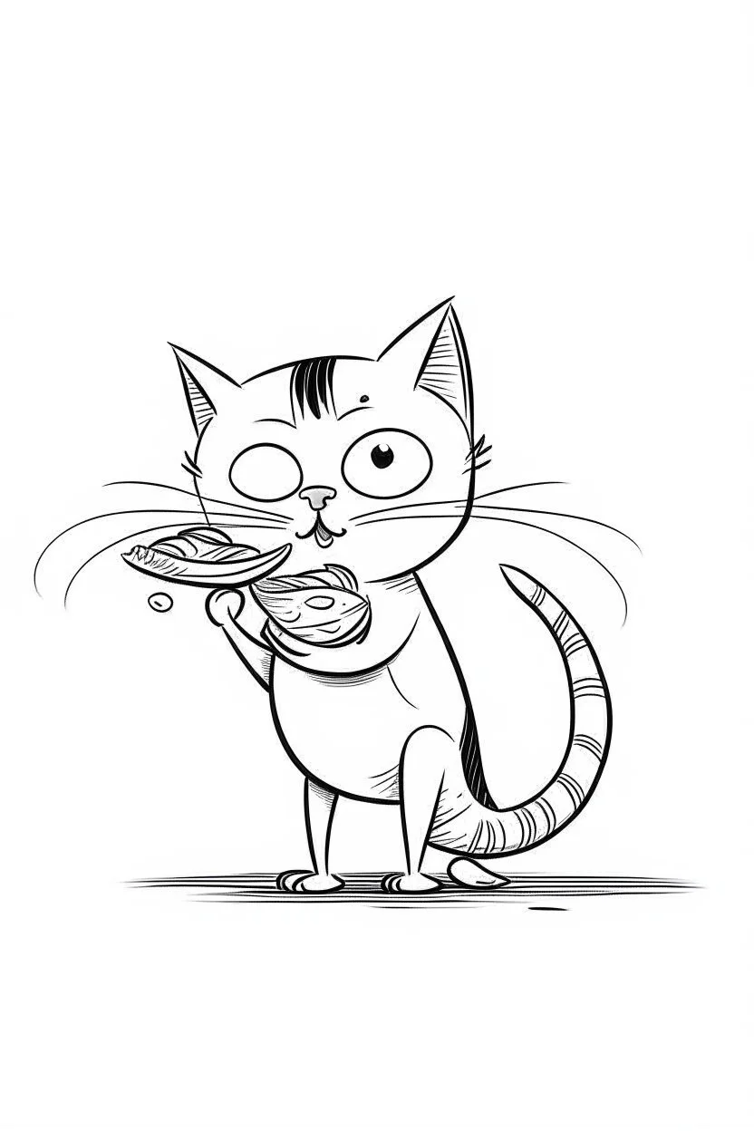 cartoon cat eating a fish. simple thin crisp lines. kids. no shading. no color