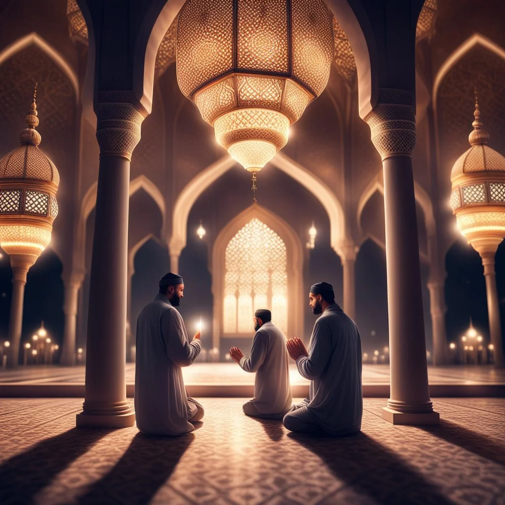 Hyper Realistic Men Praying & Ramadan Lights inside a beautiful mosque at night