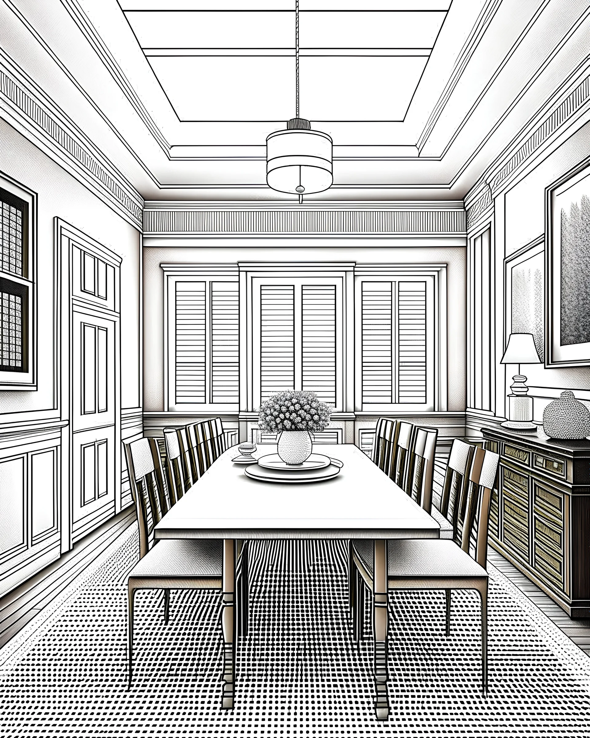 illustration of the dining room interior ,Coloring Book for Adults and Kids, Instant Download, Grayscale Coloring Book