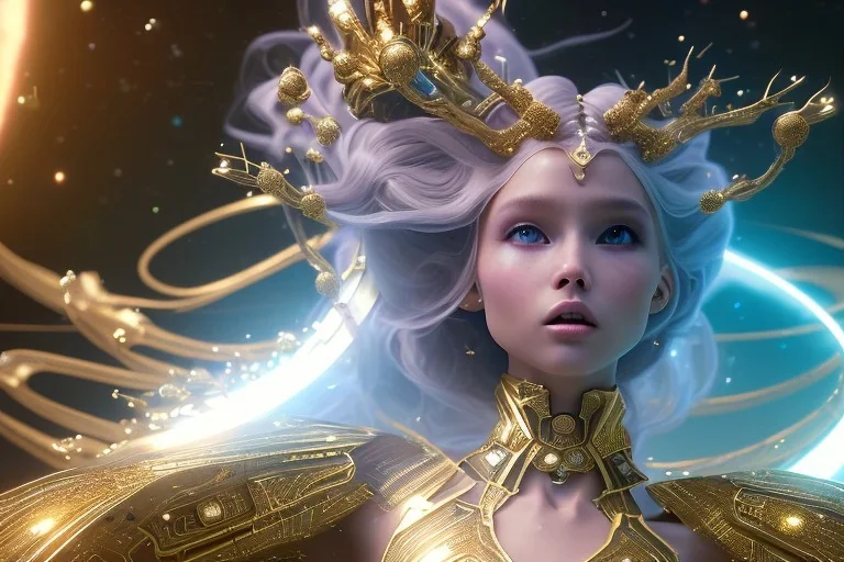  beautiful cosmic woman, long hair, golden skin, nice smiling, magic glamour make up, delicate colors, beautiful glamour galactique dress, ultra sharp focus, 8k, unreal engine 5, extremely sharp detail, light effect, soft light atmosphere of a spaceship, smooth, full of details, face in front, complete vision of face and hair and body