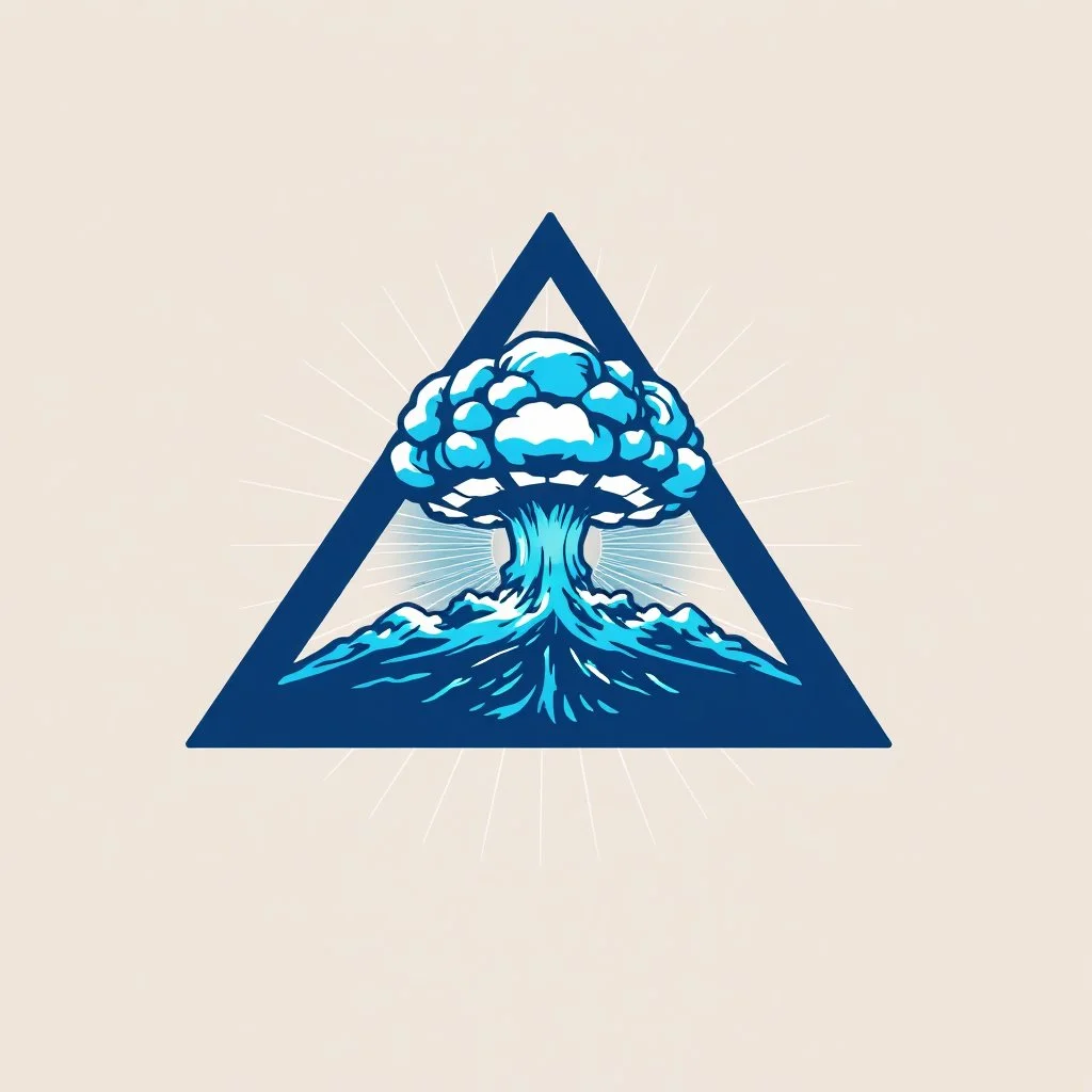 a blue nuclear explosion mushroom cloud inside an equilateral triangle, radiant lines, vector logo
