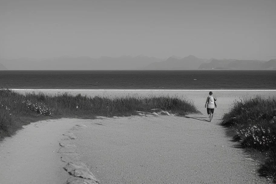 walking along a path that winds towards the top of a mountain, it is summer, the sea in the background photography taken with a Leica camera and 50mm lens, real photography in black and white, nostalgia