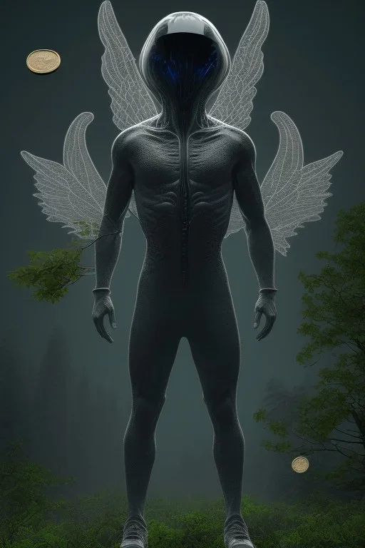 running alien portrait , black jogging suite , in the night Alps , holding leaves and coins , angels background, volumetric light, high detail, dark leaf tree, dark mountains in background, perfect, HR Giger style