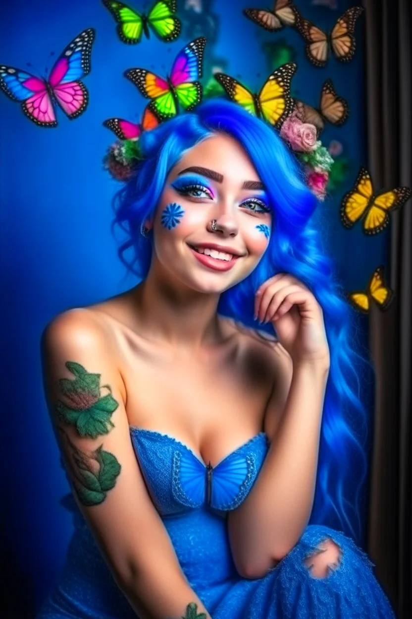 A very beautiful girl wearing nude makeup, smiling, with blue hair and flowers, wearing a dress of butterflies hd