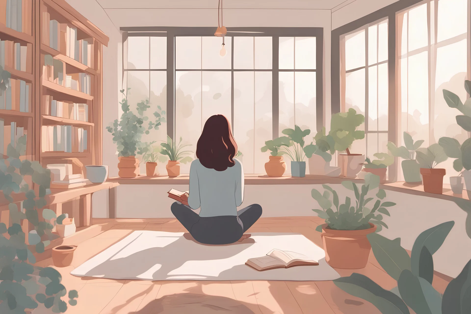 An image featuring a young woman sitting and thinking looking at the window and breathing peacefully , much like the iconic 'Lofi Girl' scene. She is surrounded by cozy decor, including bookshelves, plants, and other elements that exude a sense of calm. In the background, a window reveals a daytime with bright daylight . Ensure that the image exudes a tranquil and relaxing ambiance, perfect for studying or moments of contemplation, unreal engine, greg rutkowski, loish, rhads, beeple, makoto shi