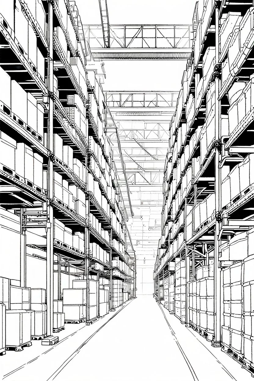 Industrial warehouses, line arts, manga style