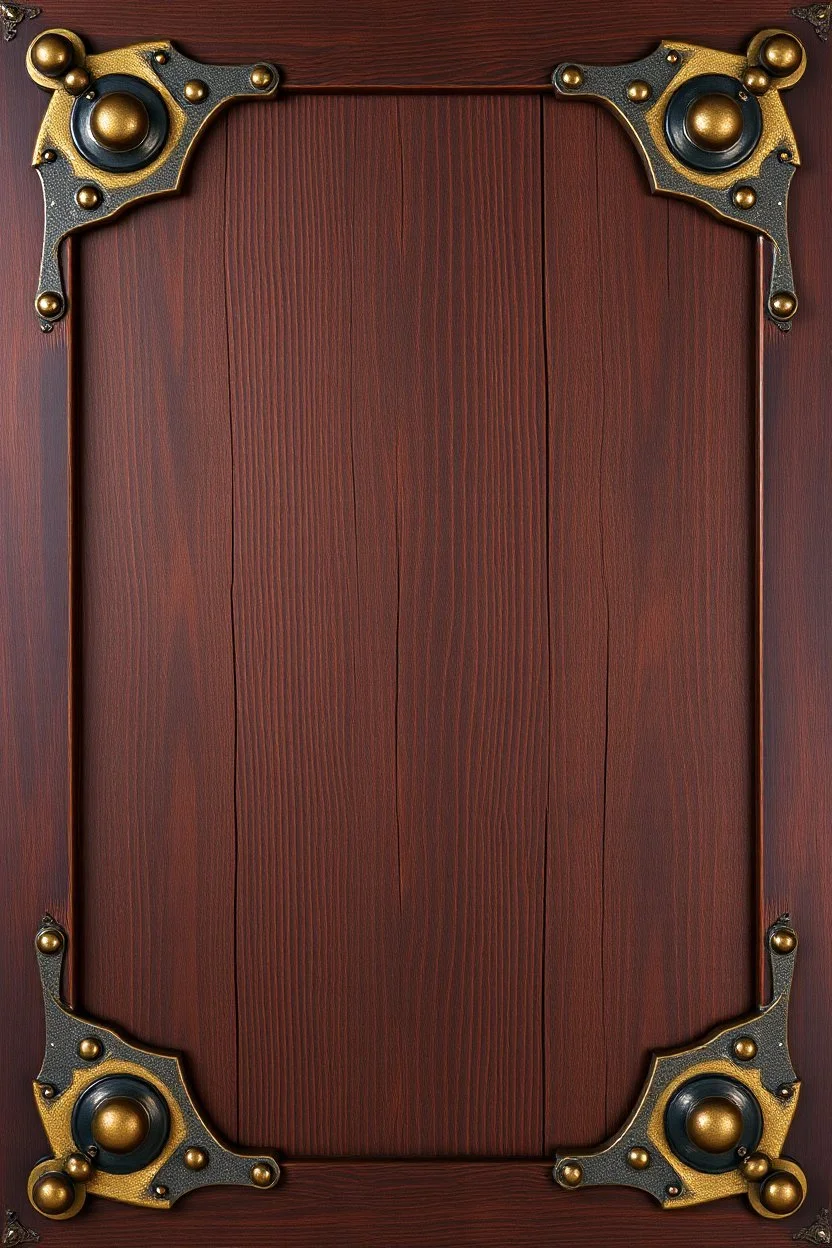 darker wood panel background, framed by decorative western style brass elements in each corner