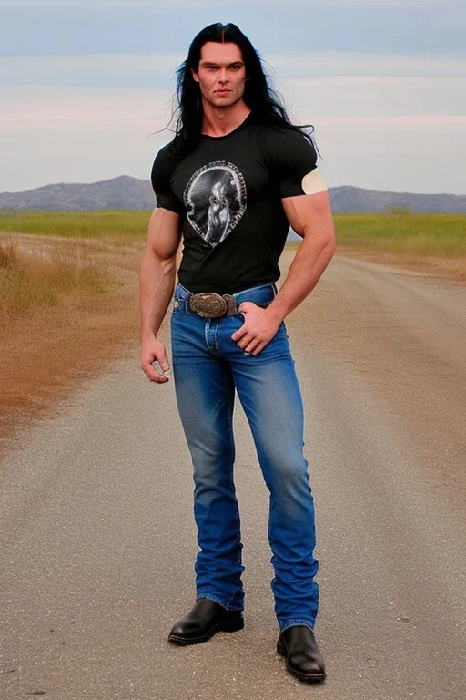 A very muscular man with long black hair, blue eyes, wearing a cowboy shirt and blue jeans