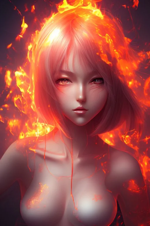 3d Anime girl close and personal but beautiful in fire background