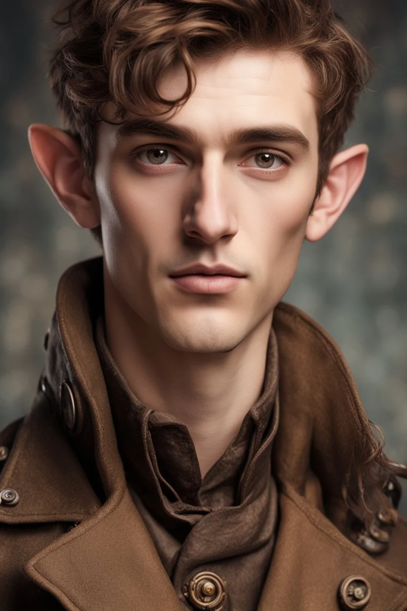 young elf man of twenty years old, with brown eyes, short brown hair, dressed in a steampunk style trench coat.