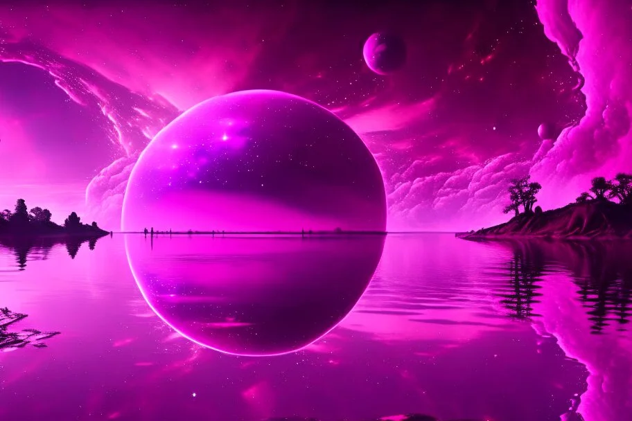 fushsia sky, planet in the sky, lake, sci-fi, mountains, galactic cosmic influence