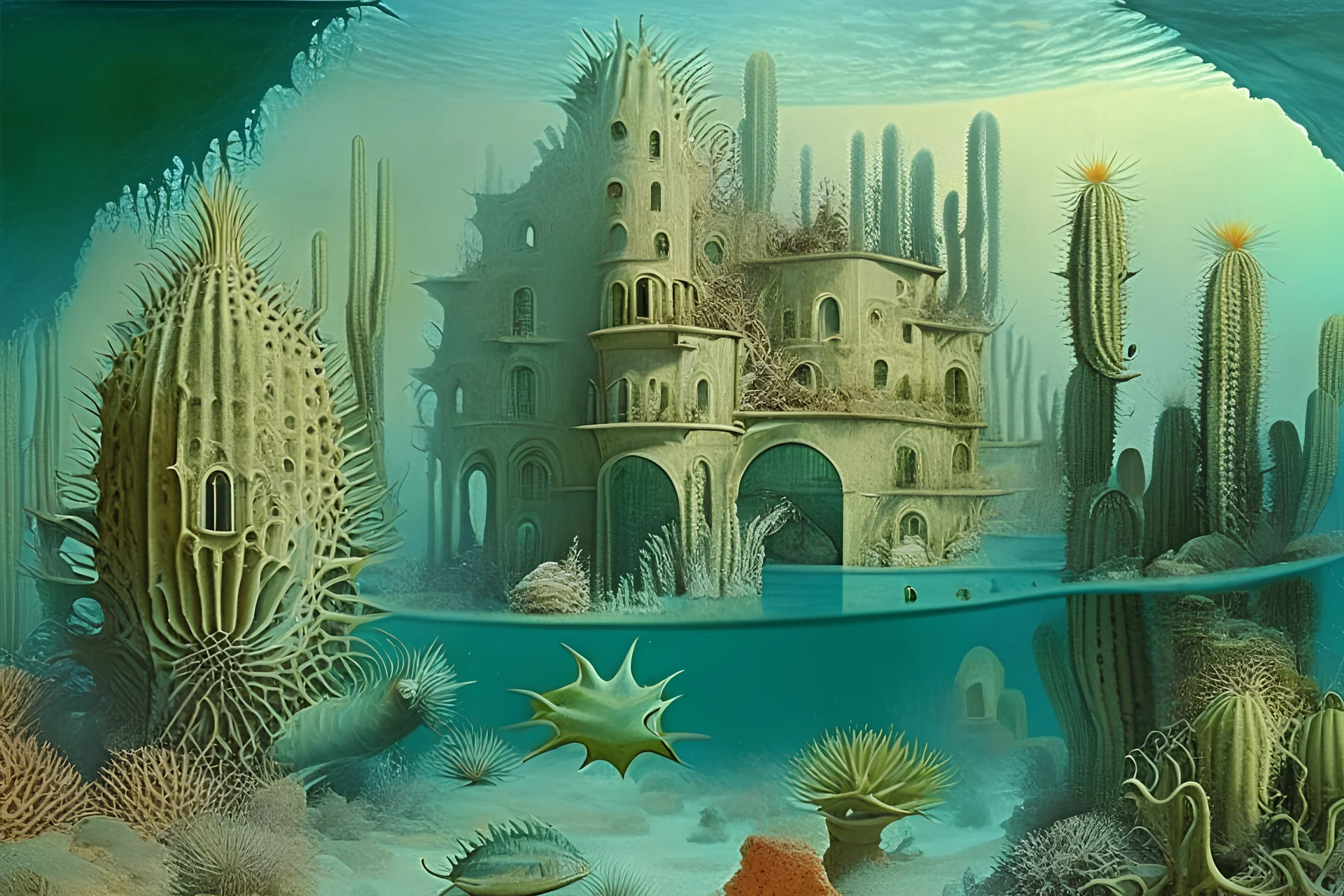 a fantastic underwater city with cactus houses by artists "Leonora Carrington" and "Piranesi"