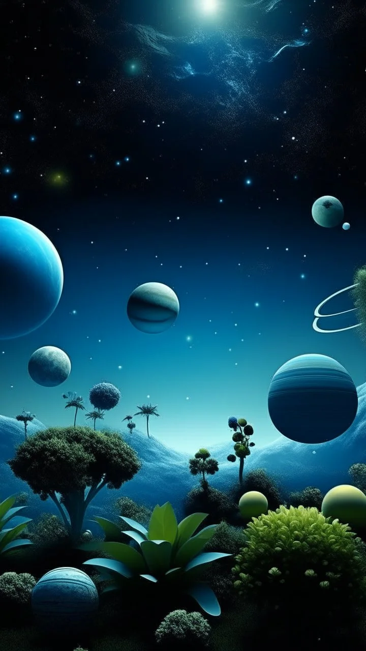 Solar system 12 different sizes plants around in fog blue backdrop with a big spaceship dark hi density photographic