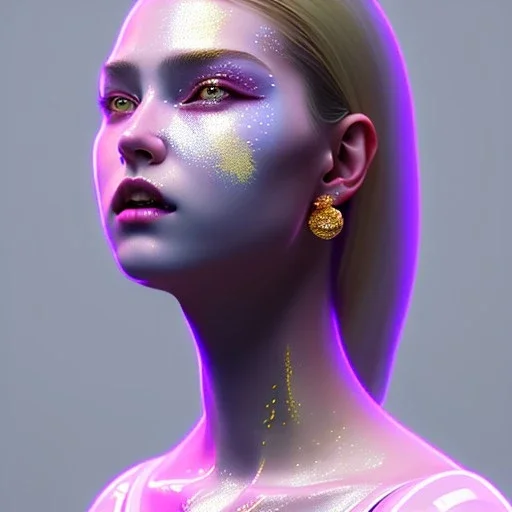 Sweden woman, painted face, rounded face, glow, trap style, white, gold, pink, cold, latex coat, leather, nose piercing, soft color, highly detailed, art stations, concept art, smooth, unreal engine 5, god rays, ray tracing, RTX, lumen lighting, ultra detail, volumetric lighting, 3d, finely drawn, high definition, high resolution, neon background.