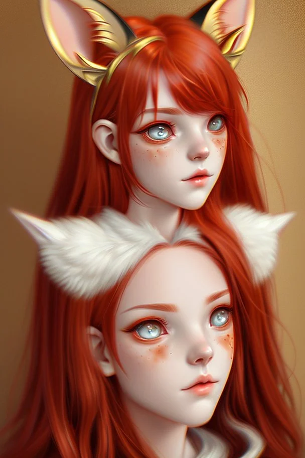 A young adult female withe red hair and gold eyes, fox ears