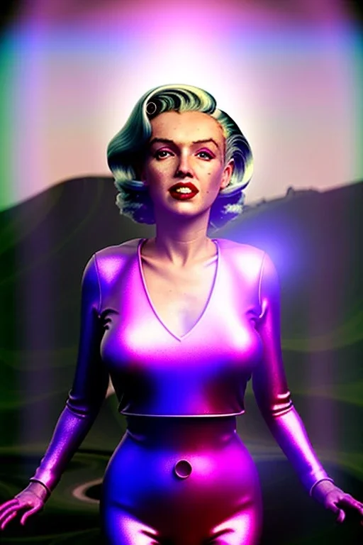 Ultra Realistic retro sci-fi scene, portrait, blonde woman, sweet Marilyn Monroe face, perfect iris, glow eyes, makeup. Alien Saturn background, Retro sci-fi style, helmet, tight latex coat, fog, rain, soft color, highly detailed, unreal engine 5, ray tracing, RTX, lumen lighting, ultra detail, volumetric lighting, 3d, finely drawn, high definition, high resolution.