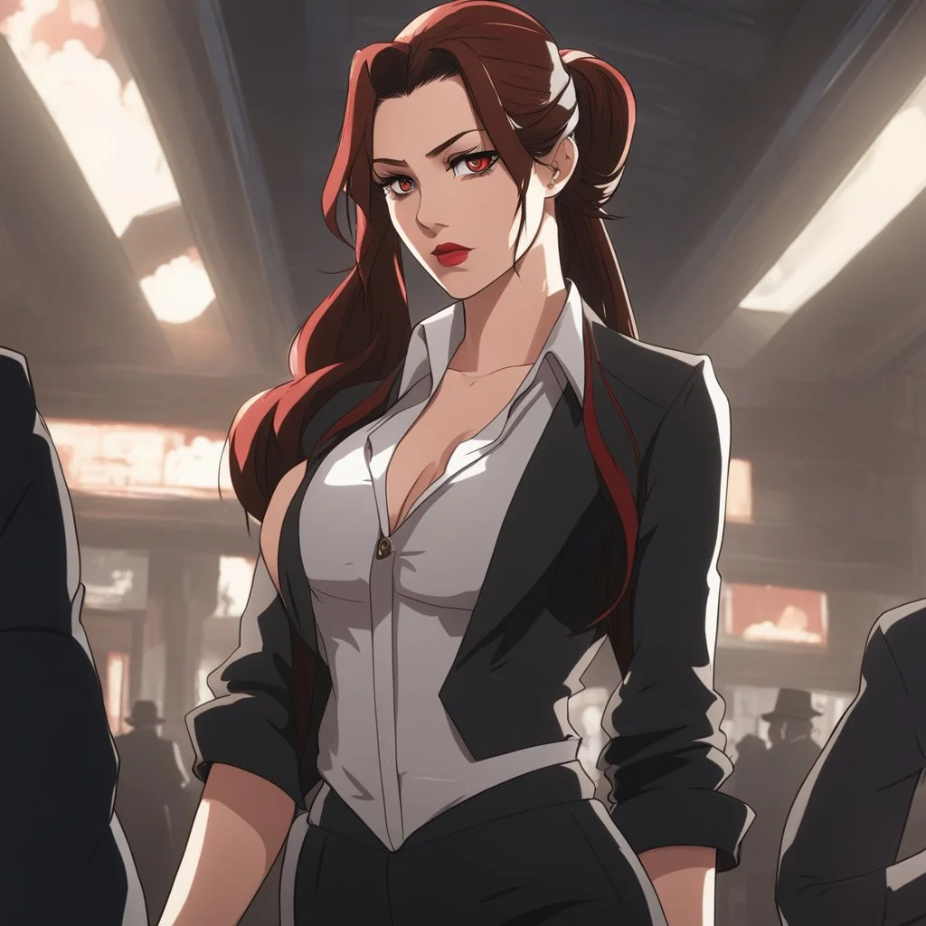 An Arrogant-Looking Young Woman With Pale Skin, Red Eyes, And Long Brown Hair Pulled Up In A Single, Straight Ponytail. She Is In The Mafia. An Air Of Malevolent Power Surrounds Her. Anime Style, High Definition, Greg Rutkowski, 8k Resolution, Intricate Details