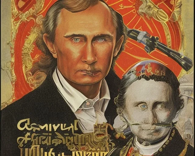 Russia president satan Vladimir Putin, evil fangs, atomic bomb cudgel