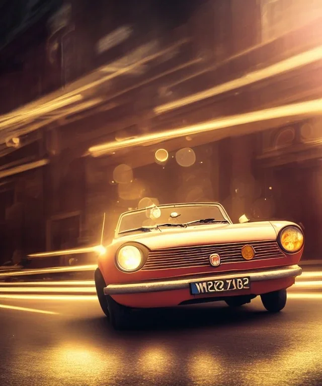 fiat 125p, city. high speed. bokeh. lens flare. warm lights. high detailed. oil on canvas