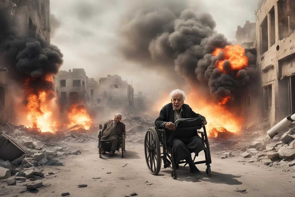 bloody elders in wheelchairs running from bombs in a ruined city in Palestina, smoke and fire and explosions