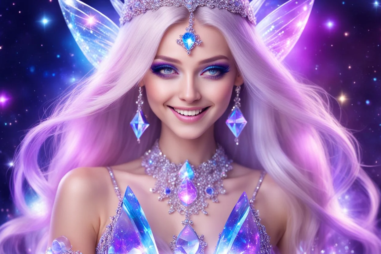 beautiful bright fairy cosmic women with cosmic long straight hair, crystal jewel and dressed with a magic crystal suit. she has light make up and a sweety smile