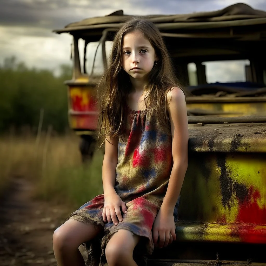 A gritty rough oil image of a gypsy girl sitting on the back of an old rusty truck in a summerscape in the country on a dirt road. The girl has a weathered, determined look, with long, flowing dark hair and a colorful, tattered dress. The