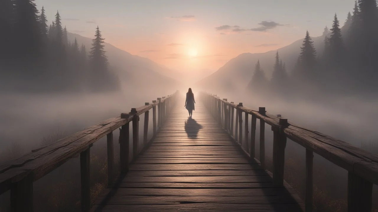 walking straight ahead over a wooden bridge, holding the angel of death with your right hand, entering the fog at the end of the road that leads to the afterlife, a stream from the mountains flows from the right and left, and a beautiful sunset behind the fog, realistic