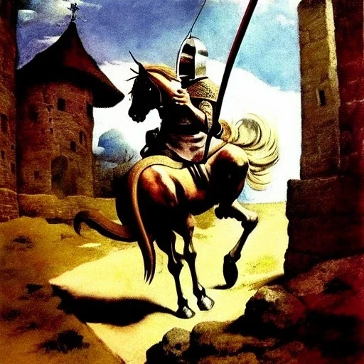 retrato de un caballero medieval montando a caballo con armadura frank frazetta style