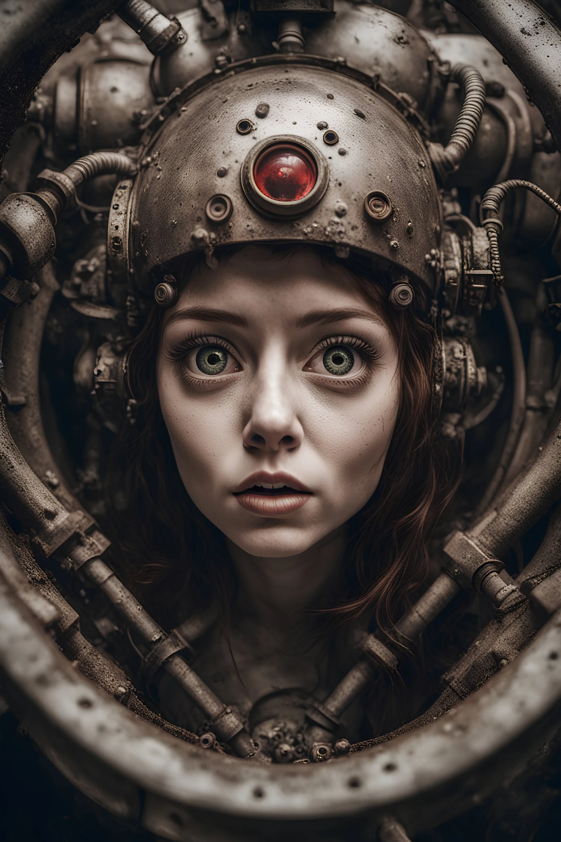 Closeup Girl with big eyes, fullbody, dieselpunk, valves rising from the ground, the perspective looking up from the bottom of an empty well , Underwater 8k, macro photography by <John Kenn Mortensen>, darkred tones,