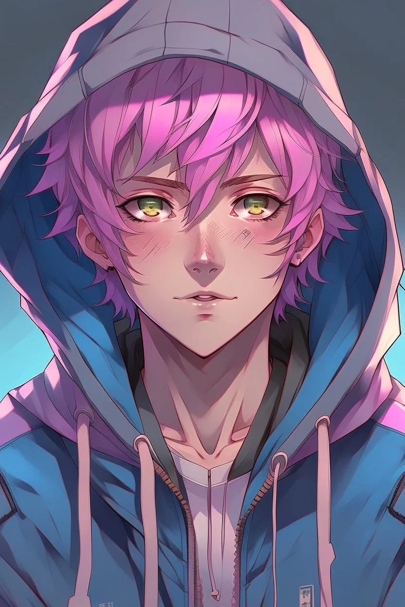 An anime man with messy short pink hair and narrow blue eyes wearing a hooded jacket Realistic.