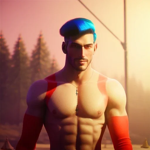 circus, ringleader, Arthur Kulkov, front, handsome, muscular, male, Russian, buff, fantasy, anime, at dawn by atey ghailan, mystical colors, Golden hour, Lisa Frank fantasy