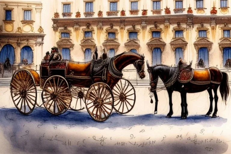 A fiacre landauer carriage with two lightbrown horses is standing in front of the Hofburg, Vienna. Aquarell