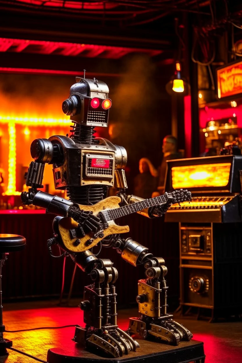 A hard rock robot hosts a radio show in a burning club