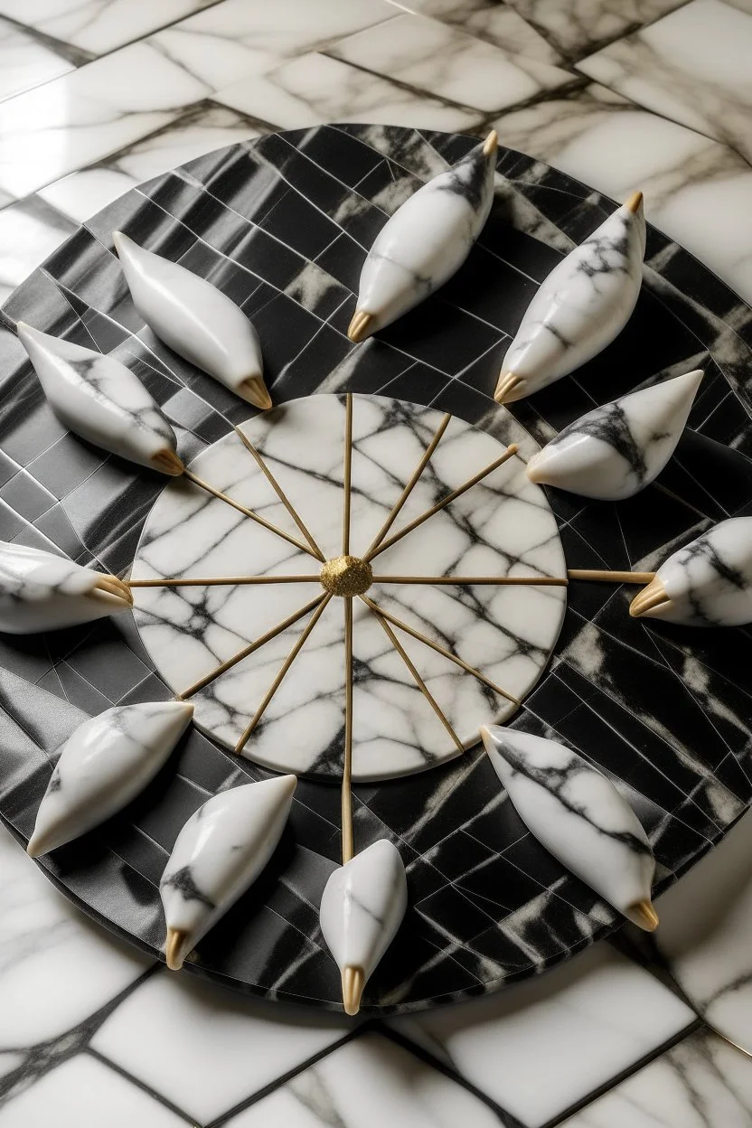 Archery arrows made of granite and marble fall on a marble circle