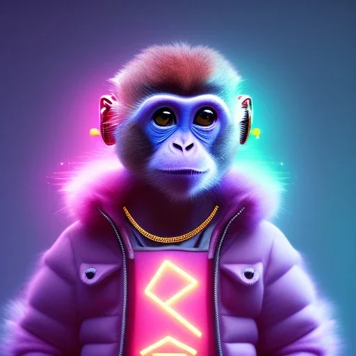 pixar style anamorphic cute cyberpunk monkey baby, smiling,gangsta gold neckless, full body, magenta puffer jacket, manila city backdrop, dramatic lighting, hyper realistic, unreal engine 5, 16k