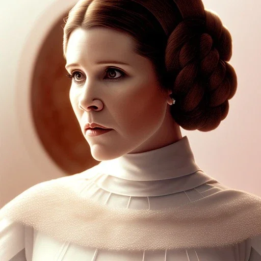 extremely detailed 8k hyperspace wallpaper,complete and photo realistic detailed head to waist stunning photo realistic portrait of carrie fisher as Princess Leia in star wars with photo realistic fine and simple hairstyle, brown eyes, professional majestic photo realistic painting by Ed Blinkey, Atey Ghailan, by Jeremy Mann, Greg Manchess, Antonio Moro, trending on ArtStation, Intricate, High Detail, Sharp focus, dramatic, by greg rutkowski, realism, beautiful and detailed lighting,