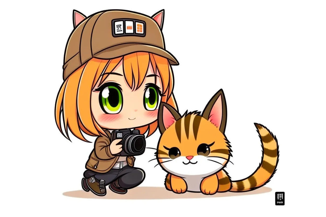 cute chibi photographer cat taking photos about a sexy cat girl