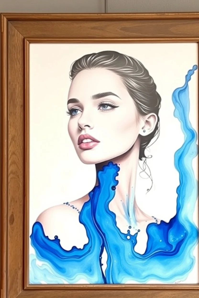 A framed picture of A beautiful young women painted with Liquid abstract blue painting,