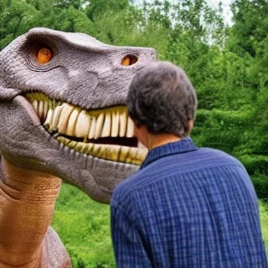 A man petting the dinosaur