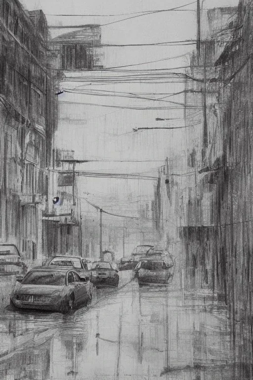 Pencil sketch of A car stops on an empty street, a traffic light, It's raining hard, night , houses on the side ، on lined paper