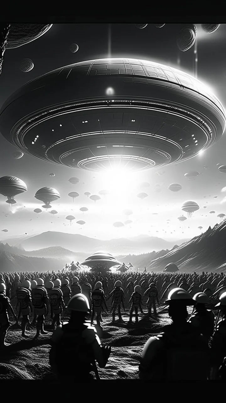 A land filled with a lot of aliens in a bright light at the end of the picture a huge spacecraft object hovering above , cinematic, 8k, in black and white, fine line draw
