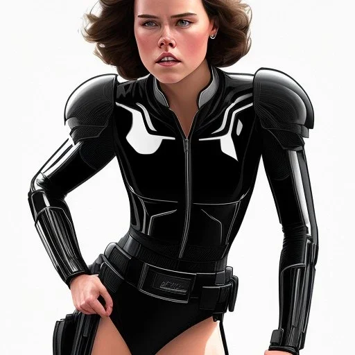 Daisy Ridley, star wars black bikini uniform Empire officer, movie poster, heroic gaze windswept hair, wide angle lens, full torso, intricate, detailed, hand-painted, realistic, perspective from below