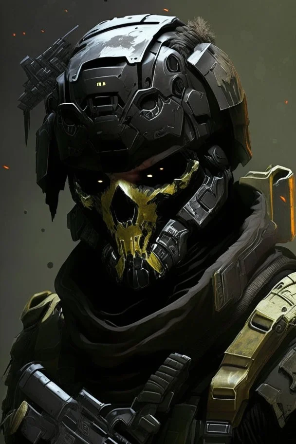 A soldier in the game Titan Fall 2 , he wears a BLACK skull helmet that covers his face, he is a rifleman, and his callsign is Titan. His colors are black and dark olive